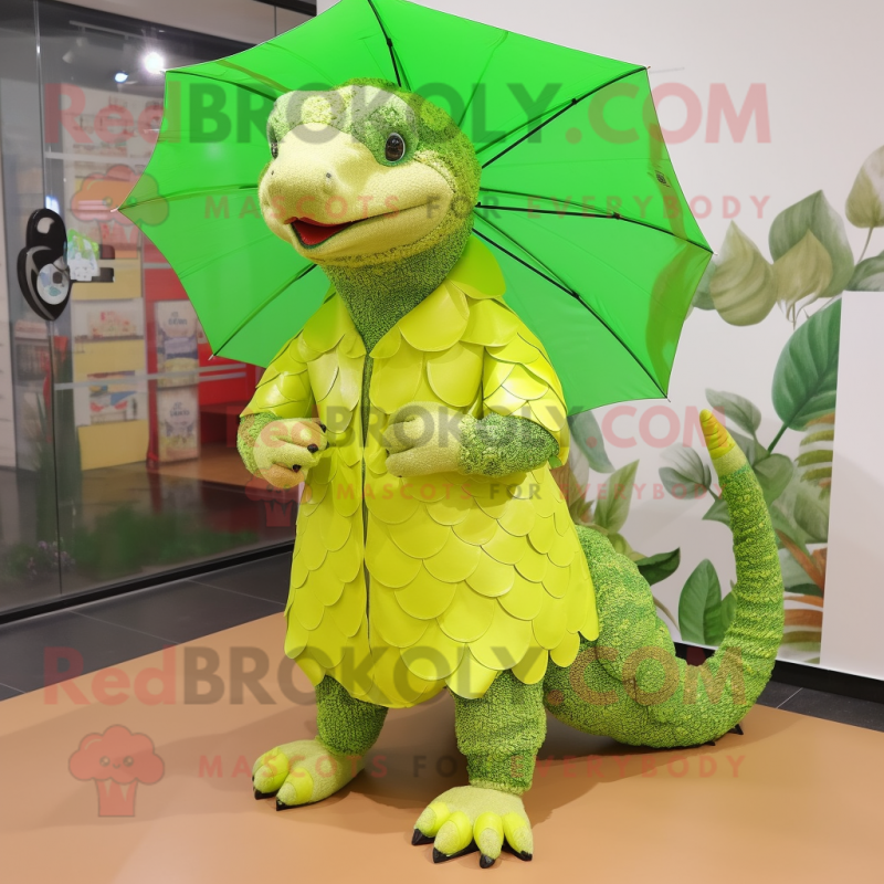 Lime Green Pangolin mascot costume character dressed with a Raincoat and Shoe clips