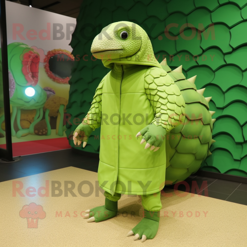 Lime Green Pangolin mascot costume character dressed with a Raincoat and Shoe clips