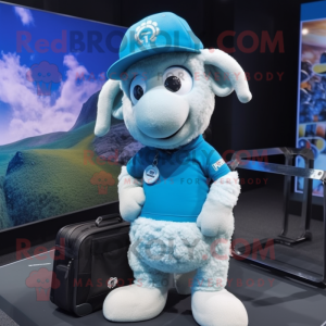 Sky Blue Merino Sheep mascot costume character dressed with a T-Shirt and Hats