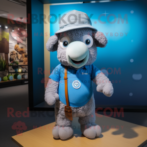 Sky Blue Merino Sheep mascot costume character dressed with a T-Shirt and Hats