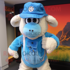 Sky Blue Merino Sheep mascot costume character dressed with a T-Shirt and Hats