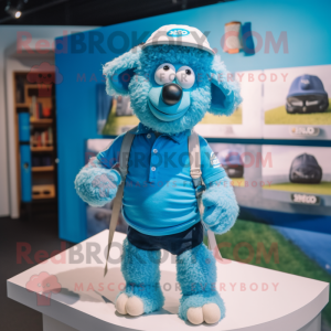 Sky Blue Merino Sheep mascot costume character dressed with a T-Shirt and Hats