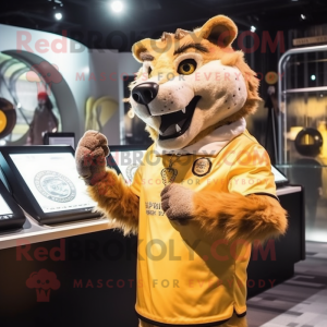 Gold Thylacosmilus mascot costume character dressed with a Coat and Digital watches