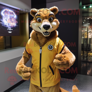 Gold Thylacosmilus mascot costume character dressed with a Coat and Digital watches