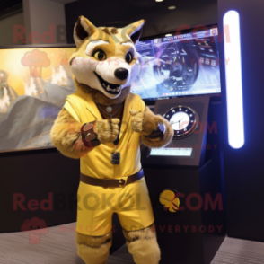 Gold Thylacosmilus mascot costume character dressed with a Coat and Digital watches