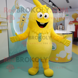 Yellow Ice mascot costume character dressed with a Playsuit and Suspenders