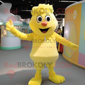 Yellow Ice mascot costume character dressed with a Playsuit and Suspenders