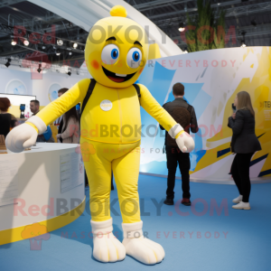 Yellow Ice mascot costume character dressed with a Playsuit and Suspenders
