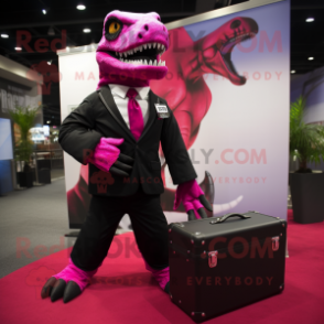 Magenta Tyrannosaurus mascot costume character dressed with a Tuxedo and Briefcases