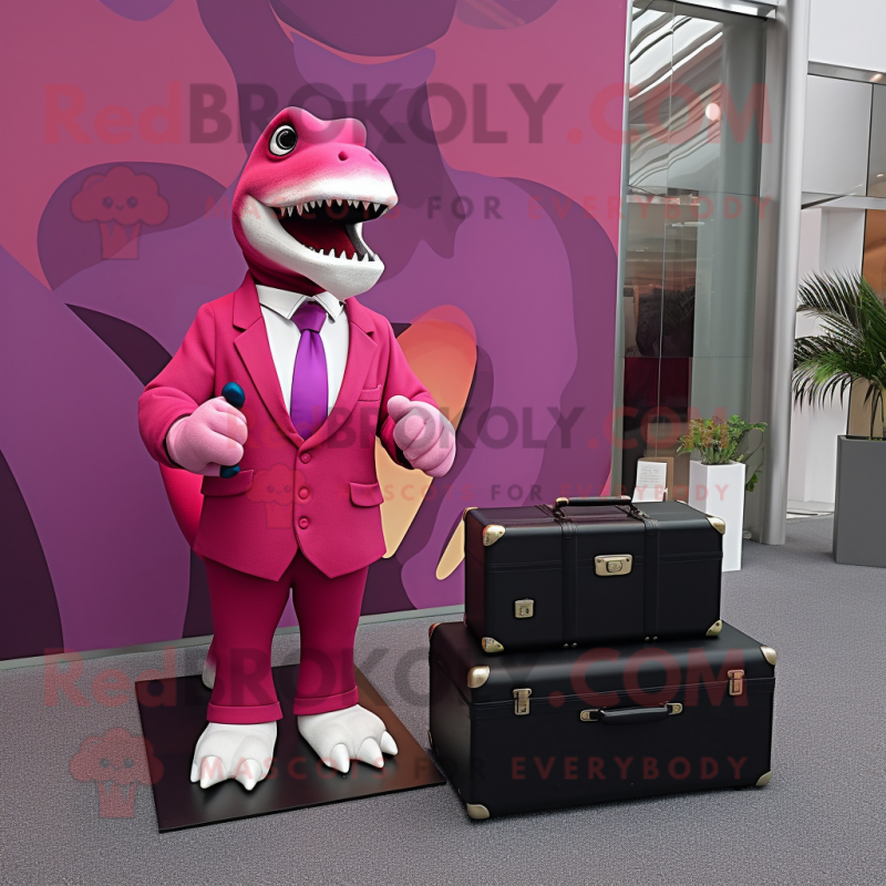 Magenta Tyrannosaurus mascot costume character dressed with a Tuxedo and Briefcases