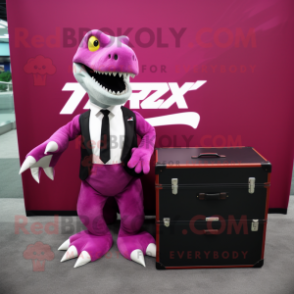 Magenta Tyrannosaurus mascot costume character dressed with a Tuxedo and Briefcases