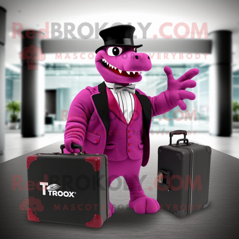 Magenta Tyrannosaurus mascot costume character dressed with a Tuxedo and Briefcases