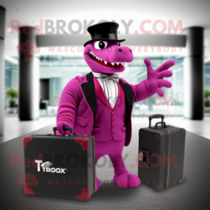 Magenta Tyrannosaurus mascot costume character dressed with a Tuxedo and Briefcases