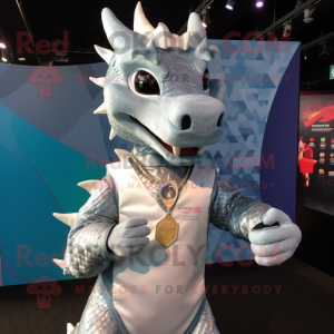 Silver Dragon mascot costume character dressed with a Vest and Necklaces