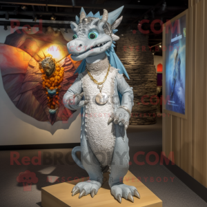 Silver Dragon mascot costume character dressed with a Vest and Necklaces