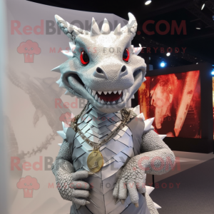 Silver Dragon mascot costume character dressed with a Vest and Necklaces