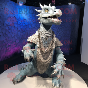 Silver Dragon mascot costume character dressed with a Vest and Necklaces