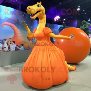 Orange Brachiosaurus mascot costume character dressed with a Ball Gown and Backpacks