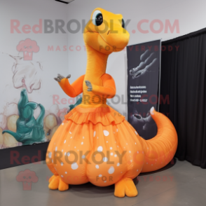 Orange Brachiosaurus mascot costume character dressed with a Ball Gown and Backpacks