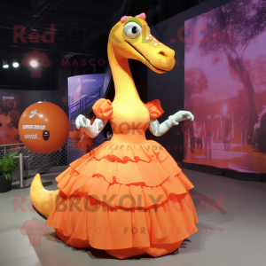 Orange Brachiosaurus mascot costume character dressed with a Ball Gown and Backpacks