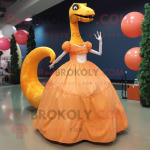 Orange Brachiosaurus mascot costume character dressed with a Ball Gown and Backpacks