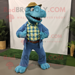 Turquoise Tyrannosaurus mascot costume character dressed with a Chambray Shirt and Scarves
