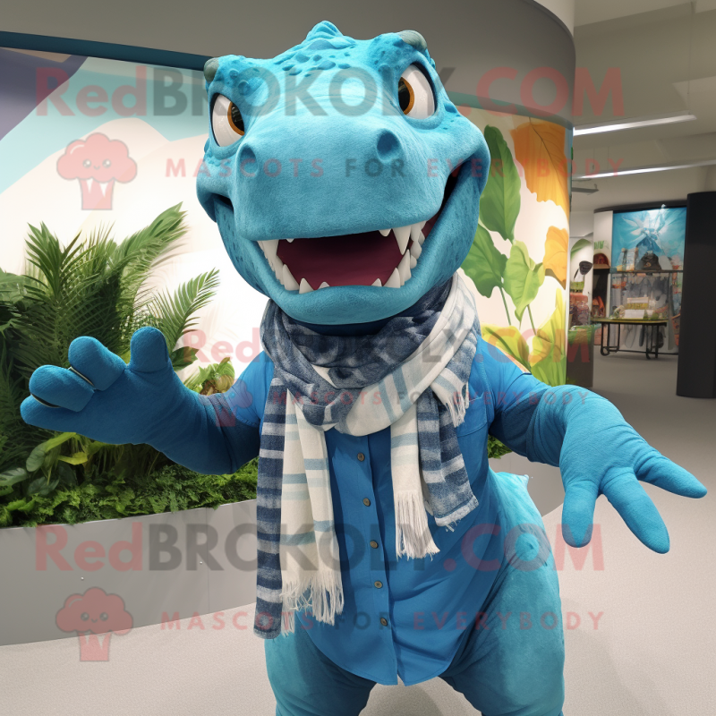 Turquoise Tyrannosaurus mascot costume character dressed with a Chambray Shirt and Scarves Turquoise Tyrannosaurus mascot costume character dressed with a Chambray Shirt and Scarves