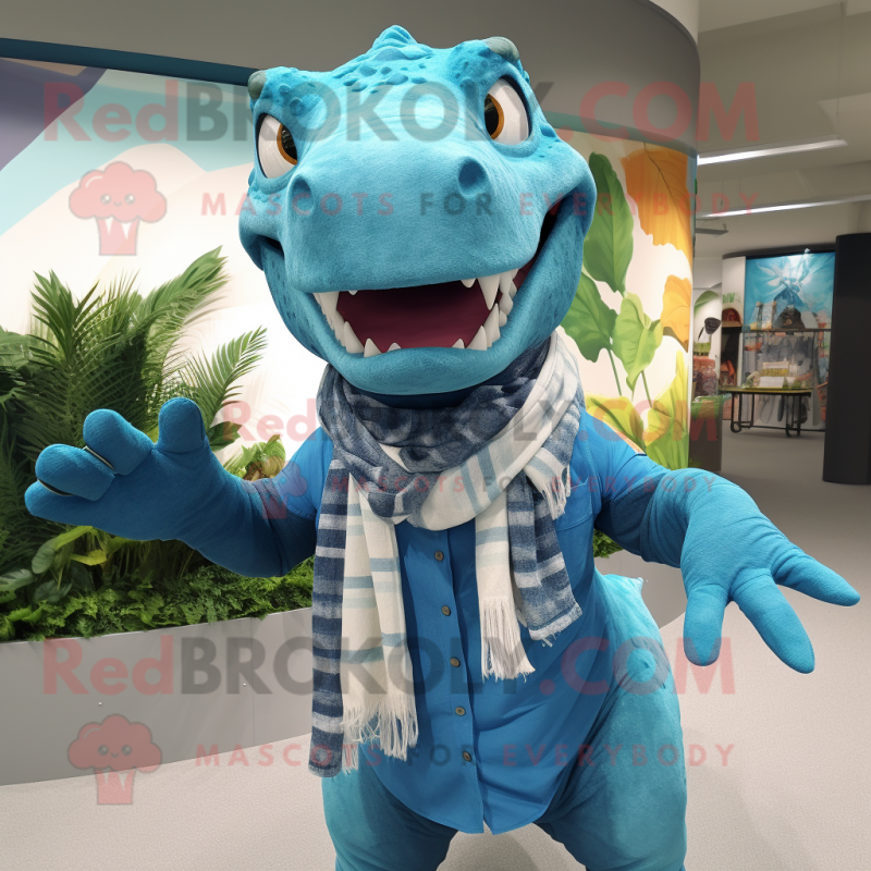 Turquoise Tyrannosaurus mascot costume character dressed with a Chambray Shirt and Scarves