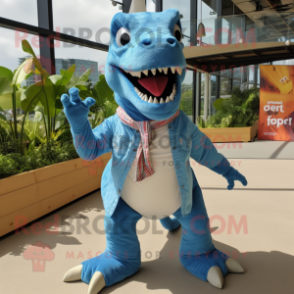 Turquoise Tyrannosaurus mascot costume character dressed with a Chambray Shirt and Scarves