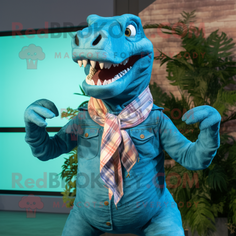 Turquoise Tyrannosaurus mascot costume character dressed with a Chambray Shirt and Scarves