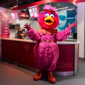 Magenta Fried Chicken mascot costume character dressed with a Flare Jeans and Berets