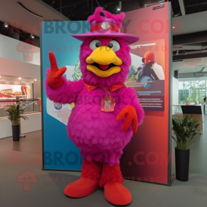 Magenta Fried Chicken mascot costume character dressed with a Flare Jeans and Berets