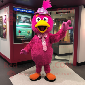 Magenta Fried Chicken mascot costume character dressed with a Flare Jeans and Berets