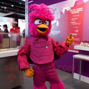 Magenta Fried Chicken mascot costume character dressed with a Flare Jeans and Berets