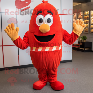 Red French Fries mascot costume character dressed with a Jumpsuit and Mittens