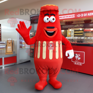 Red French Fries mascot costume character dressed with a Jumpsuit and Mittens