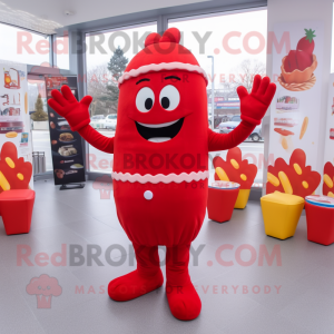 Red French Fries mascot costume character dressed with a Jumpsuit and Mittens
