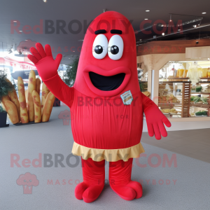 Red French Fries mascot costume character dressed with a Jumpsuit and Mittens