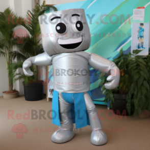 Silver Soda Can mascot costume character dressed with a Bermuda Shorts and Suspenders