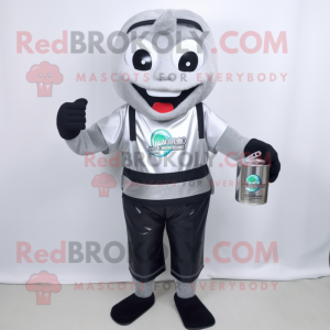 Silver Soda Can mascot costume character dressed with a Bermuda Shorts and Suspenders