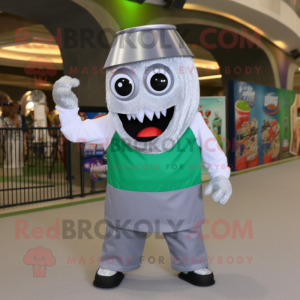 Silver Soda Can mascot costume character dressed with a Bermuda Shorts and Suspenders