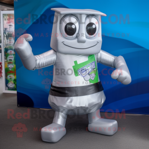 Silver Soda Can mascot costume character dressed with a Bermuda Shorts and Suspenders