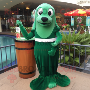 Forest Green Seal mascot costume character dressed with a Cocktail Dress and Shoe clips
