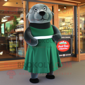 Forest Green Seal mascot costume character dressed with a Cocktail Dress and Shoe clips