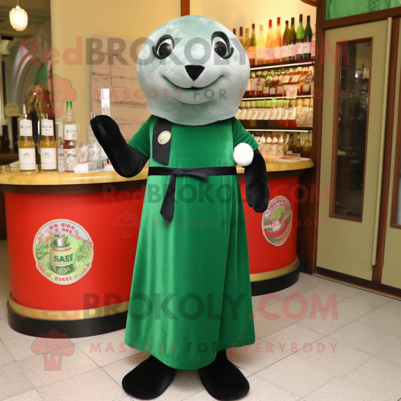 Forest Green Seal mascot costume character dressed with a Cocktail Dress and Shoe clips