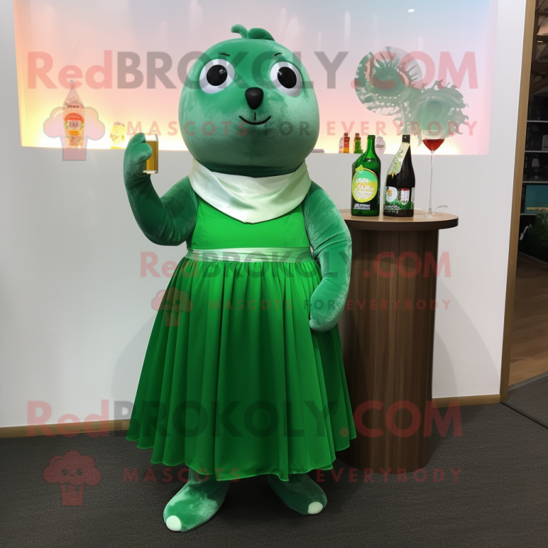 Forest Green Seal mascot costume character dressed with a Cocktail Dress and Shoe clips Forest Green Seal mascot costume character dressed with a Cocktail Dress and Shoe clips