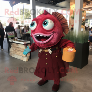 Maroon Fish Tacos mascot costume character dressed with a Dress Shirt and Handbags