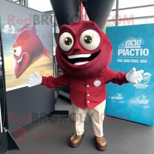 Maroon Fish Tacos mascot costume character dressed with a Dress Shirt and Handbags