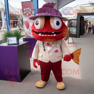 Maroon Fish Tacos mascot costume character dressed with a Dress Shirt and Handbags