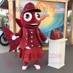 Maroon Fish Tacos mascot costume character dressed with a Dress Shirt and Handbags